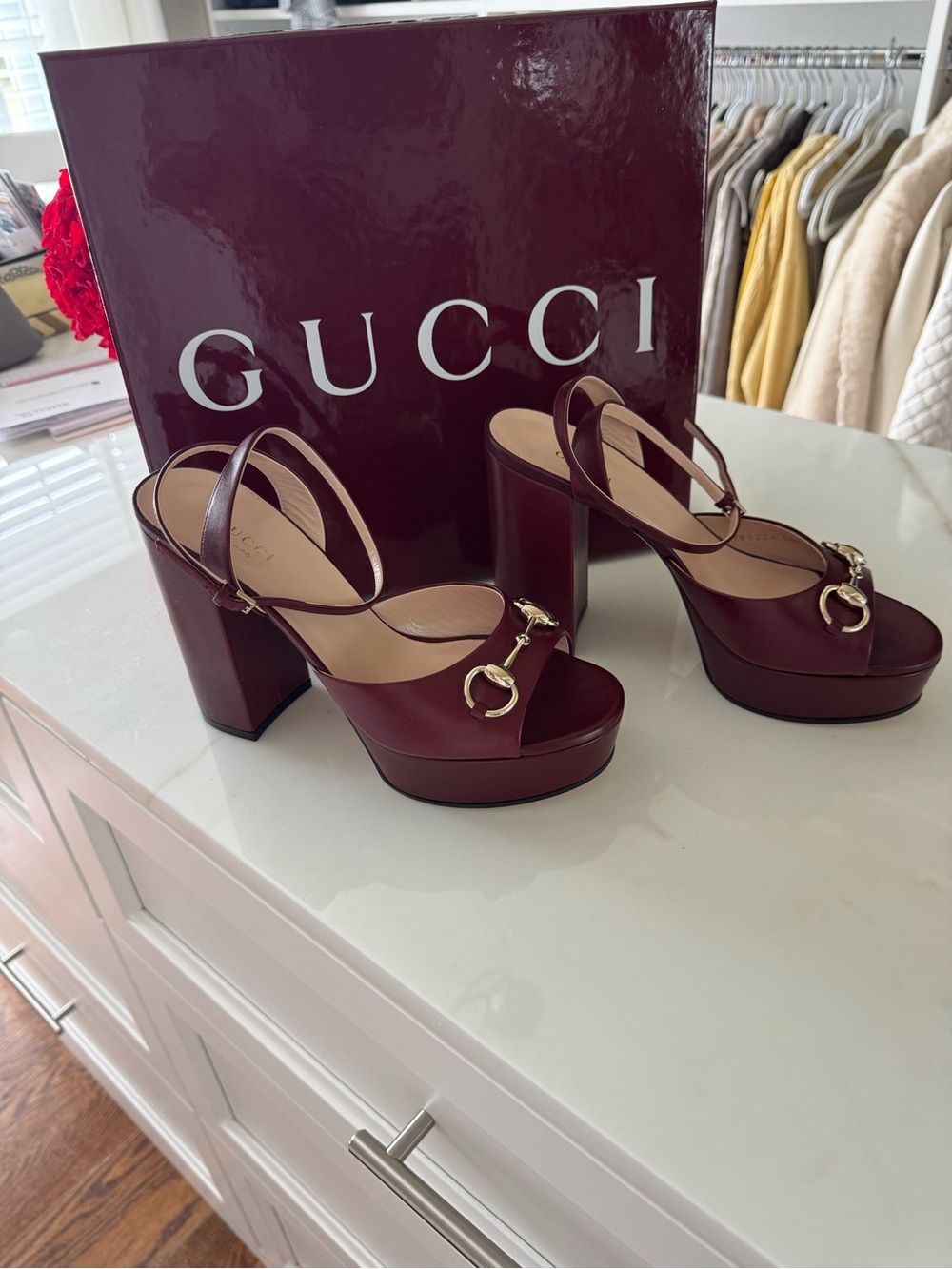 Gucci Burgundy Leather Platform Slingback Heels with Gold Horsebit - Picture 2 of 5